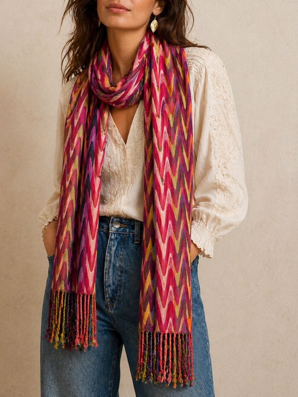 Tolani Zigzag Ikat Fringe Scarf Boho Statement Wrap Pink Gold India Eclectic